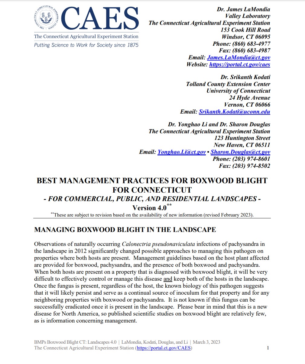 the first pages of the fact sheet of best management practice for boxwood blight for landscapes