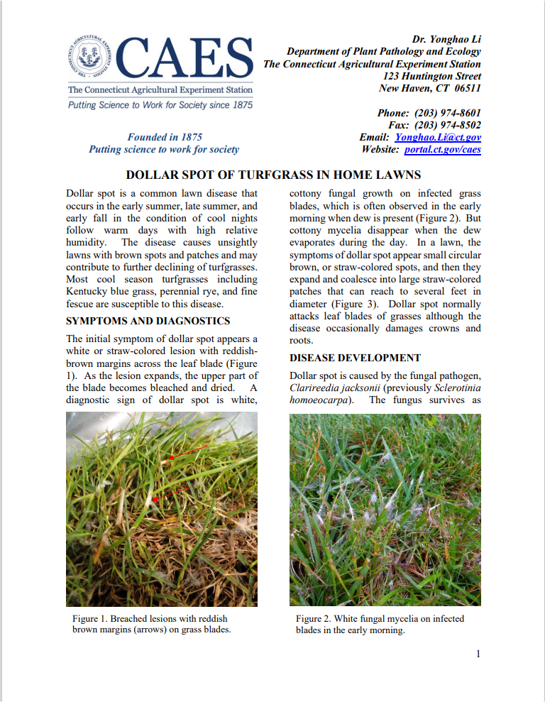 the first page of the fact sheet of dollar spot of turfgrass