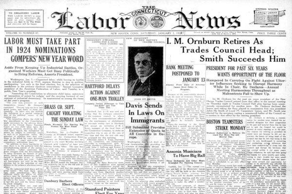 Connecticut Labor News front page 1924