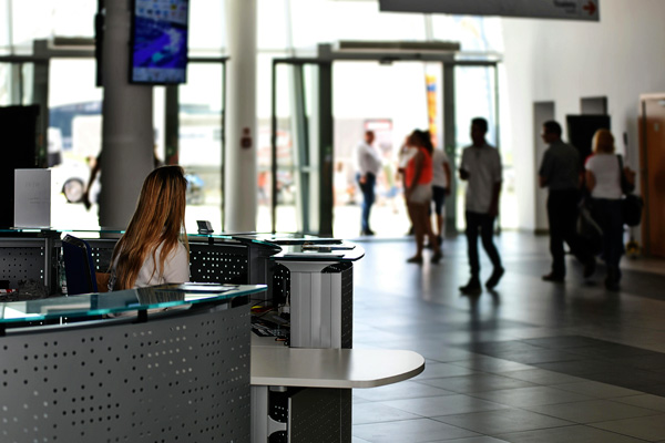 Reception desk in a building lobby