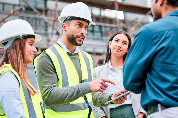 Teamwork, architecture and tablet with people on construction site for planning, building and project management
