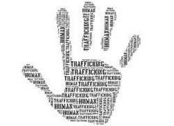 Handprint made up of the text "human trafficking"