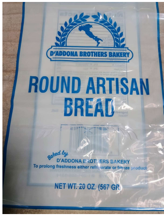 Front of package white label with blue text for D'Addona Brothers Baker Round Artisan Bread