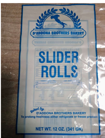 Front of package white label with blue text for D'Addona Brothers Baker Slider Rolls