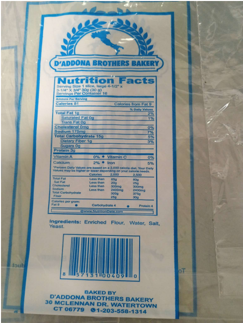 Nutrition facts label for D'Addona Brothers Bakery products