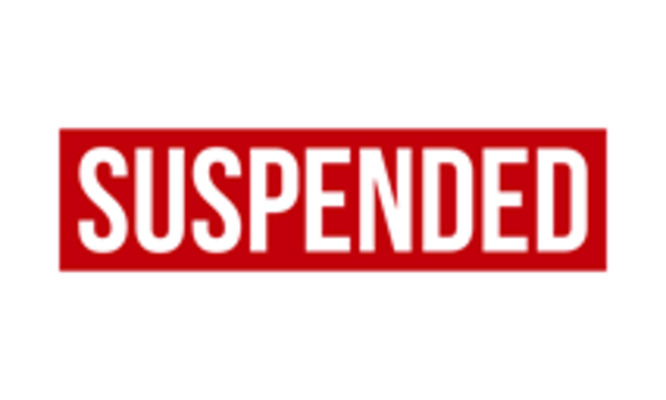 graphic with text "suspended" in white bold letters, surrounded by red banner