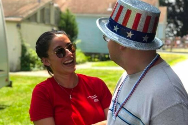 Two people talking