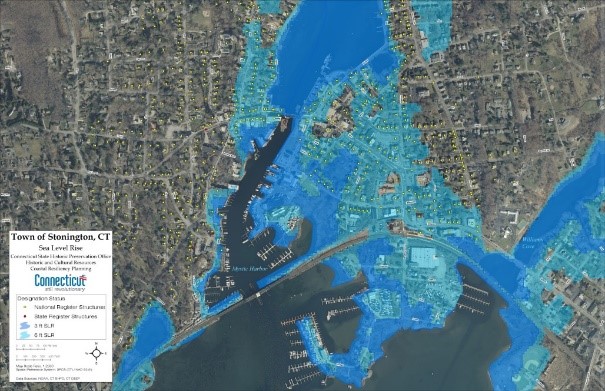 Aerial map of Stonington, CT showing projected sea level rise flooding