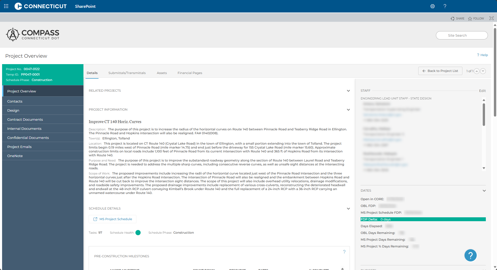A screenshot of an example Project Details page in COMPASS.
