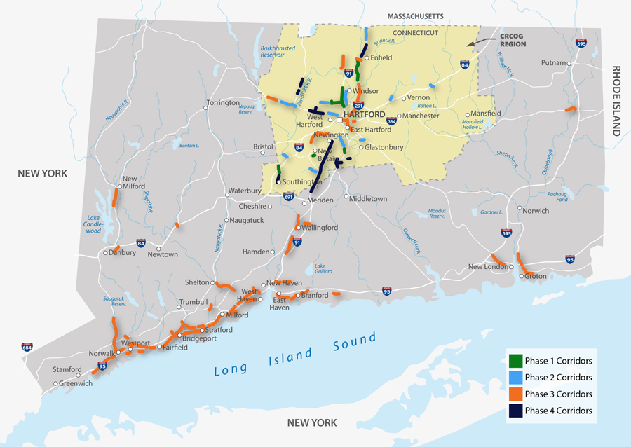 Connecticut state map with Capital Region Council of Governments coordinated traffic signal systems locations