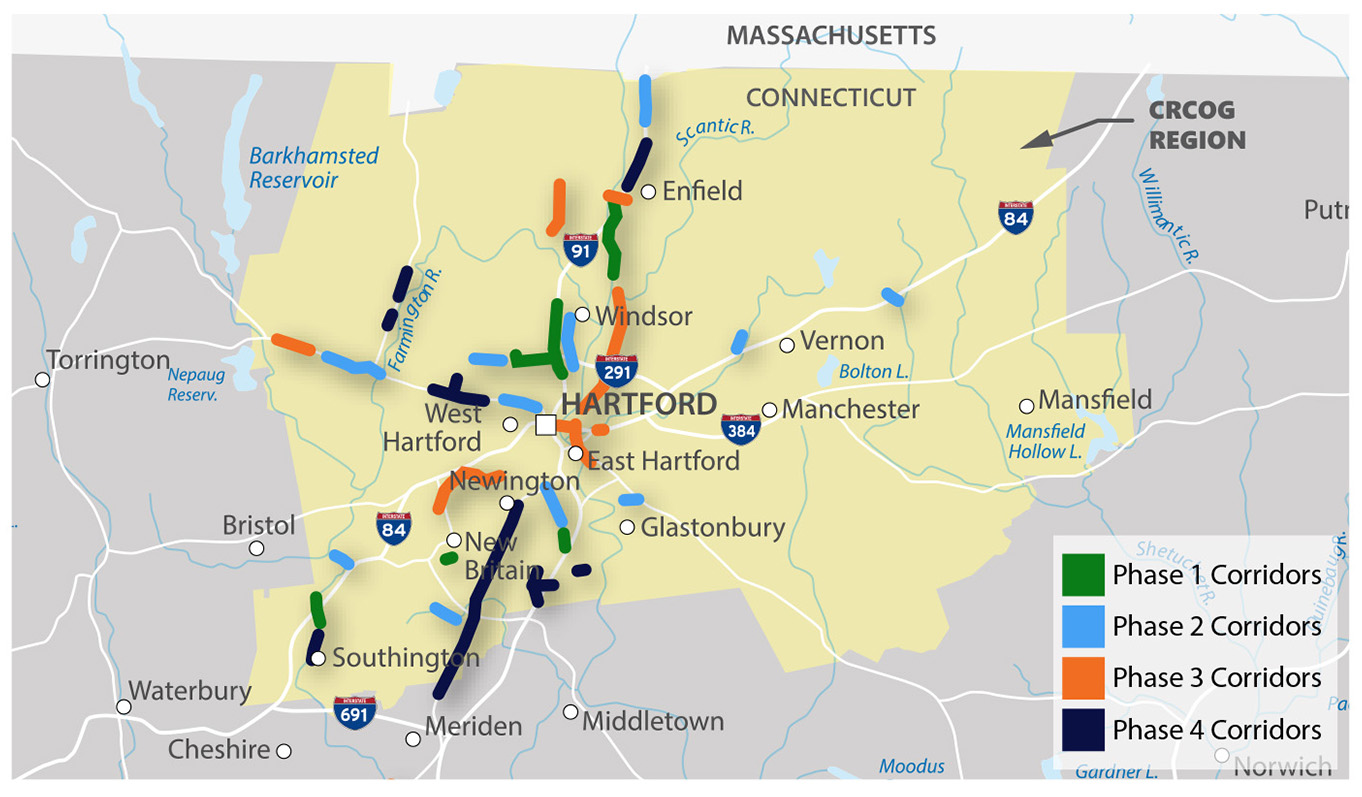 Zoomed in Project Phase for Capital Region Council of Governments map with four corridor phases for coordinated traffic signal systems