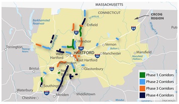 Zoomed in Project Phase for Capital Region Council of Governments map with four corridor phases for coordinated traffic signal systems Zoomed in Project Phase for Capital Region Council of Governments map with four corridor phases for coordinated traffic signal systems