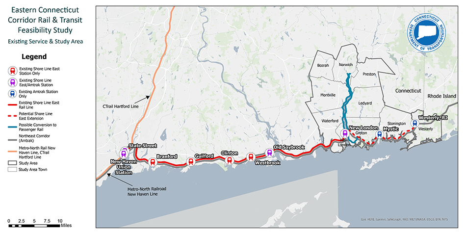 Eastern Connecticut Corridor Rail & Transit Feasibility Study Existing Service & Study Area Map