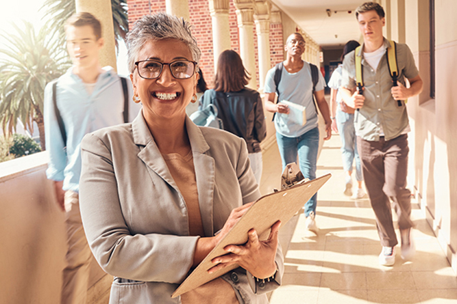 High school principal or university professor with daily checklist