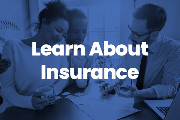 couple looking at paperwork with the following text above, "Learn About Insurance"