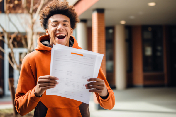 Young man holding acceptance letter.